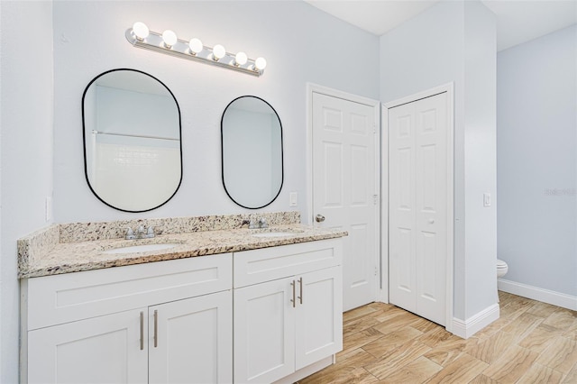 bathroom with toilet, wood finished floors, a sink, a closet, and double vanity