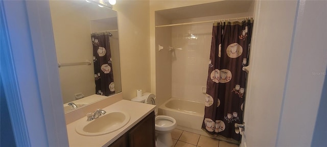 full bathroom featuring toilet, shower / bath combination with curtain, tile patterned flooring, and vanity