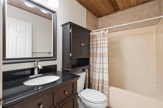 full bathroom with shower / bath combo with shower curtain, wood ceiling, vanity, and toilet