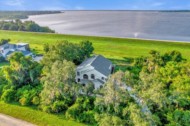 bird's eye view with a water view and a rural view