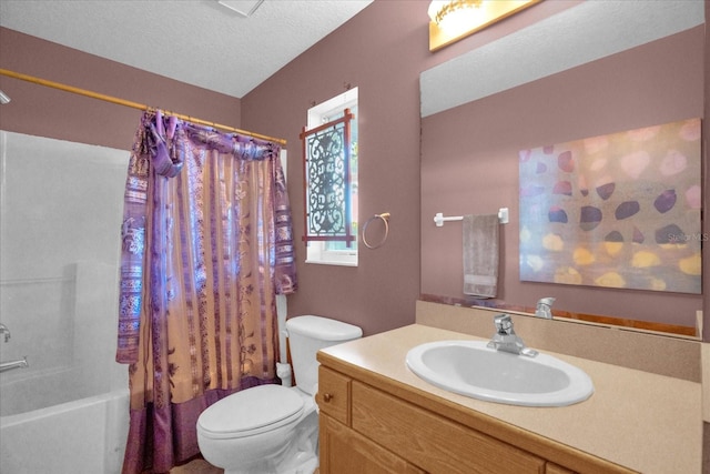 full bathroom featuring shower / bath combination with curtain, a textured ceiling, vanity, and toilet