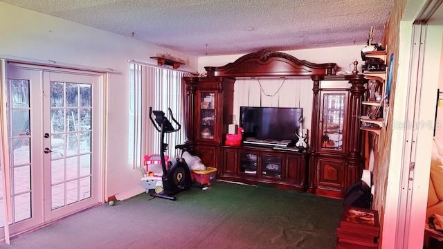 miscellaneous room with french doors, carpet, and a textured ceiling