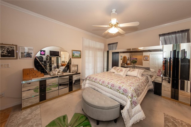 bedroom with ceiling fan, light carpet, and crown molding