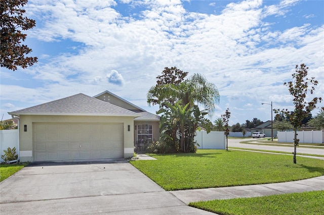 ranch-style home featuring a garage and a front lawn