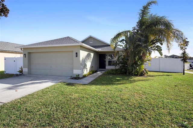 ranch-style house featuring driveway, an attached garage, fence, and stucco siding