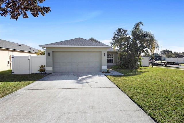 single story home with a garage, concrete driveway, a front lawn, and stucco siding