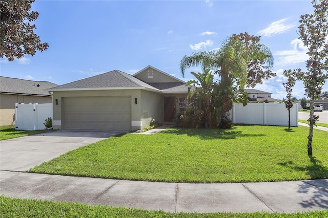 ranch-style home featuring stucco siding, fence, a garage, driveway, and a front lawn