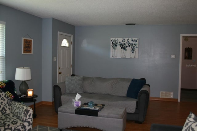 living room featuring plenty of natural light, a textured ceiling, and hardwood / wood-style flooring