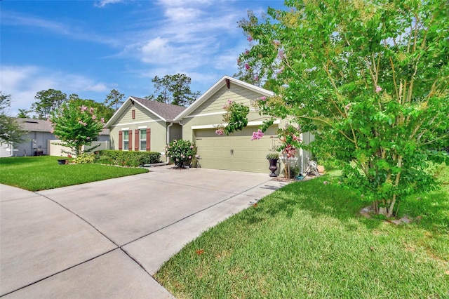 ranch-style home featuring an attached garage, a front lawn, and concrete driveway