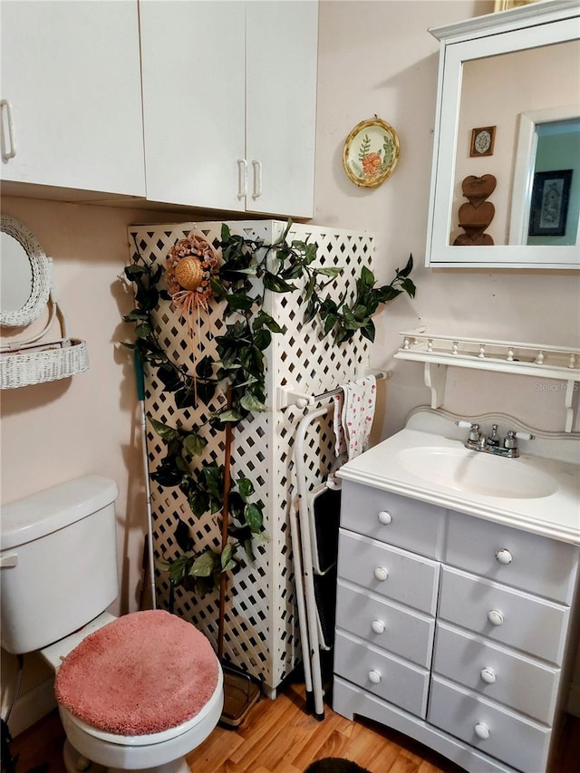 bathroom with vanity, hardwood / wood-style flooring, and toilet