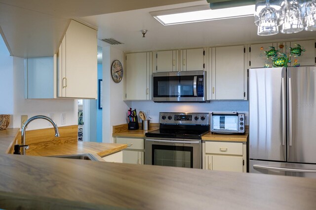 kitchen with pendant lighting, a chandelier, butcher block counters, stainless steel appliances, and sink