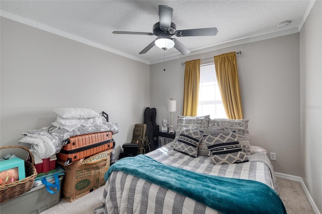 carpeted bedroom featuring crown molding, a textured ceiling, and ceiling fan