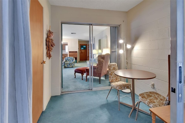 interior space featuring carpet floors and concrete block wall