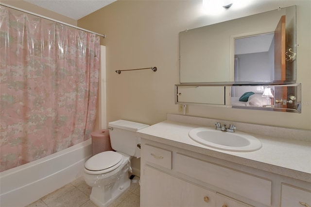 full bathroom with vanity, toilet, tile patterned flooring, and shower / bath combo with shower curtain