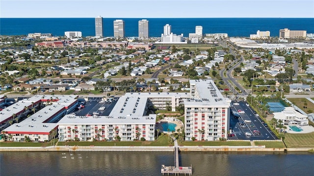 bird's eye view with a water view