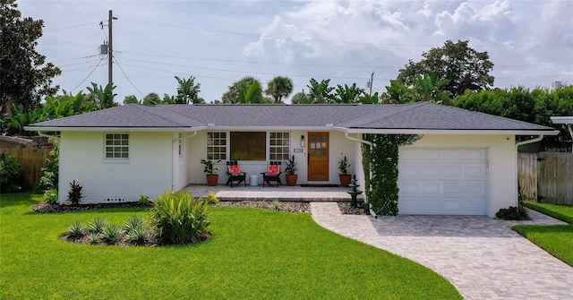 ranch-style house featuring a garage and a front lawn