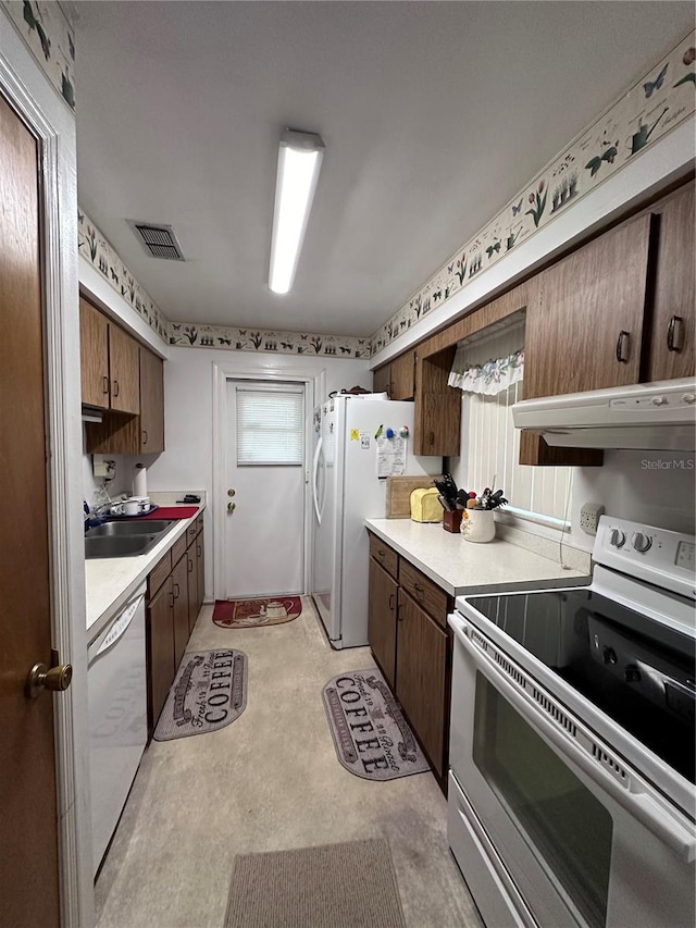 kitchen featuring sink, dark brown cabinetry, and white appliances