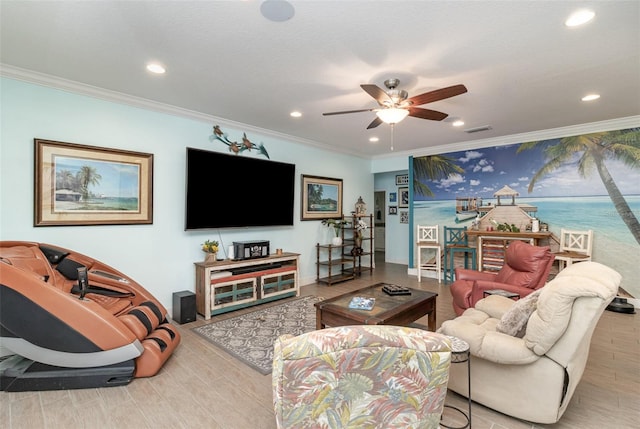 living room featuring ceiling fan, a textured ceiling, light hardwood / wood-style flooring, and ornamental molding