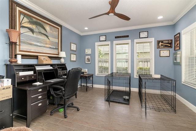 office area featuring crown molding, ceiling fan, and hardwood / wood-style flooring