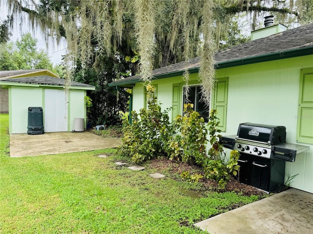 view of yard featuring a patio and a storage shed