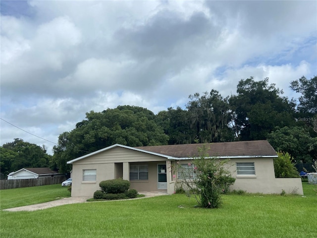 single story home with a front lawn, fence, and stucco siding