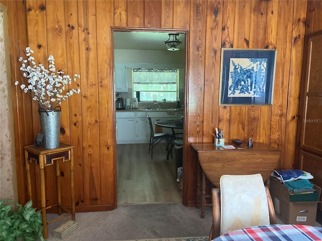 interior space featuring carpet floors, wood walls, and a sink