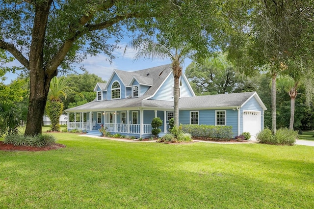 view of front of property with a garage, a front yard, and covered porch