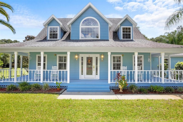 view of front of home with a porch and a front lawn