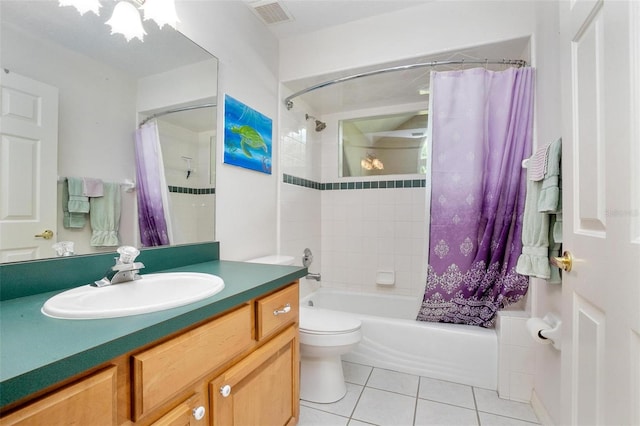 full bathroom featuring vanity, toilet, shower / tub combo with curtain, and tile patterned flooring