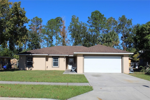 ranch-style house with a front yard and a garage