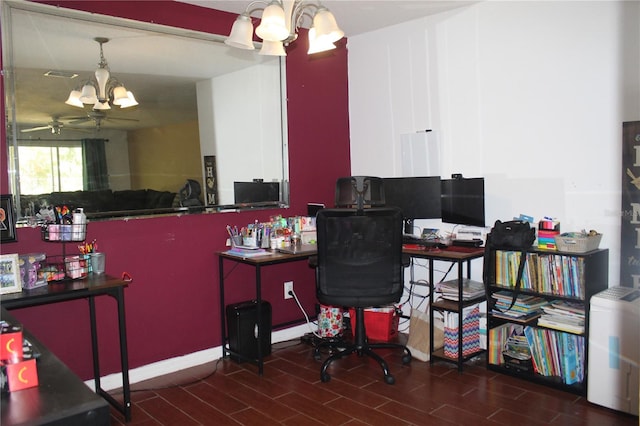 office area with dark hardwood / wood-style floors and ceiling fan with notable chandelier