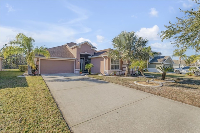 view of front of home with a garage and a front lawn