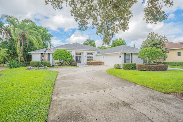 ranch-style house featuring a garage and a front lawn