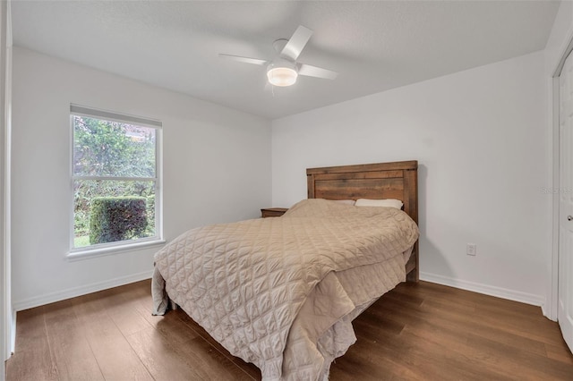 bedroom with a closet, ceiling fan, and dark hardwood / wood-style floors