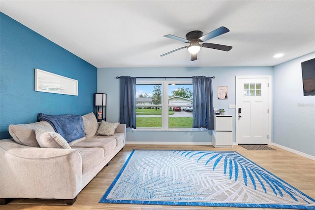 living room with ceiling fan and wood-type flooring