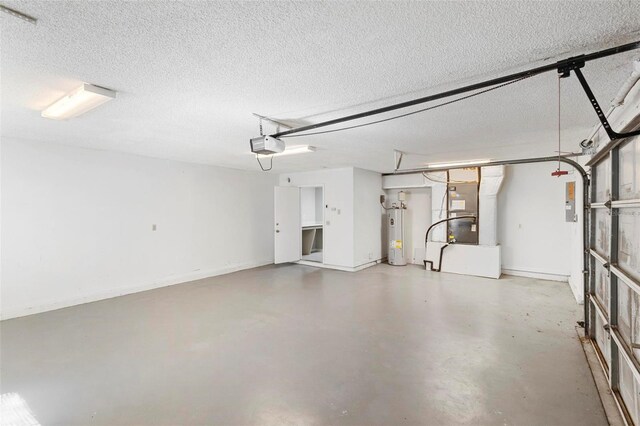 garage with water heater, a garage door opener, and heating unit