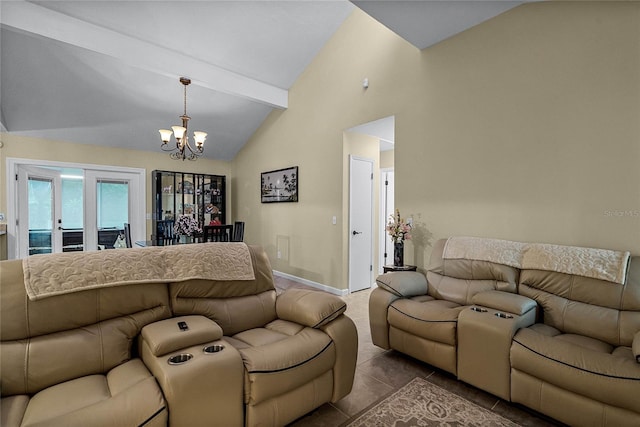 living room with an inviting chandelier, beamed ceiling, high vaulted ceiling, and light tile patterned flooring