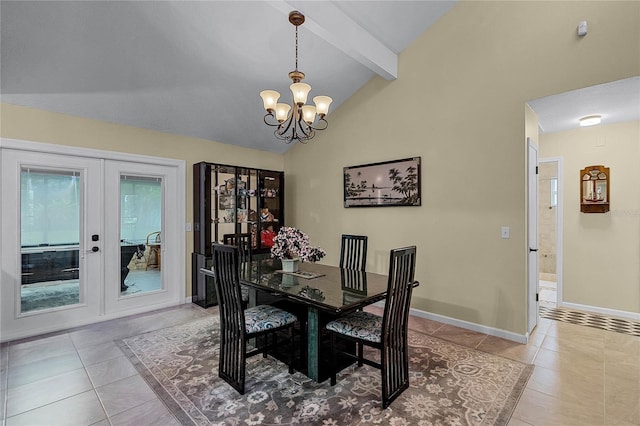 dining area with french doors, an inviting chandelier, light tile patterned floors, and vaulted ceiling with beams