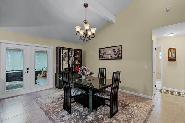 980 Bluebird Ter, Deltona, FL 32725 - dining space featuring vaulted ceiling with beams, french doors, a notable chandelier, and light tile patterned flooring