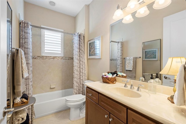 full bathroom with shower / bath combination with curtain, vanity, toilet, and tile patterned floors