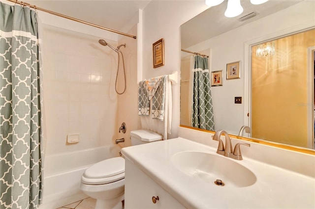 full bathroom with vanity, tile patterned flooring, toilet, and shower / tub combo with curtain