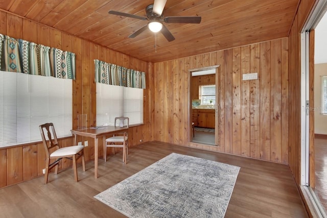 sitting room with wood ceiling, light hardwood / wood-style floors, wooden walls, and ceiling fan