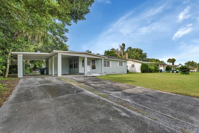 ranch-style house with a front yard and a carport