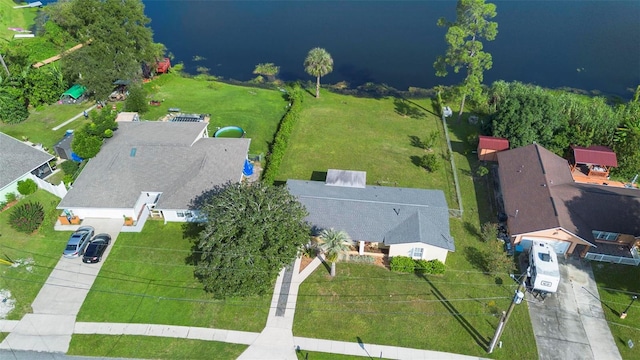 bird's eye view with a water view