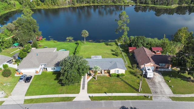 bird's eye view with a water view