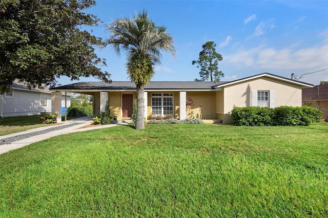 single story home with a carport and a front lawn