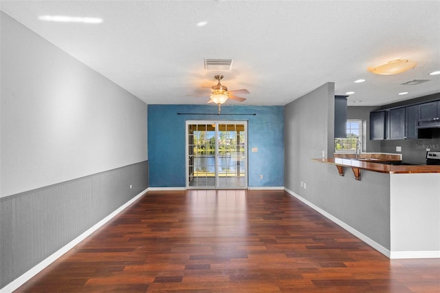 interior space featuring ceiling fan, dark wood-type flooring, a healthy amount of sunlight, and sink