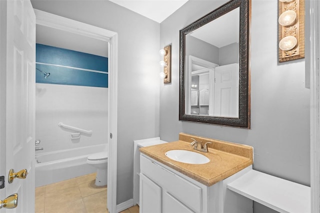 full bathroom with tile patterned floors, vanity, tub / shower combination, and toilet