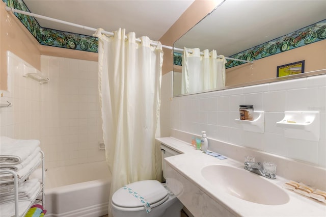 full bathroom with vanity, shower / bath combo, backsplash, tile walls, and toilet