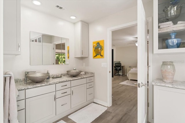 bathroom with ceiling fan, vanity, and wood-type flooring